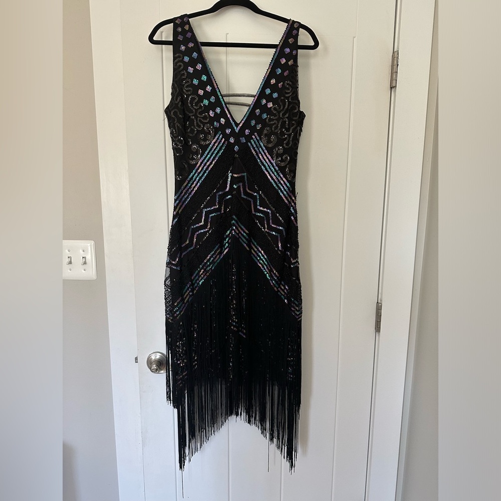 1920’s Beaded/ Sequin V Neck, Flapper Dress (L)